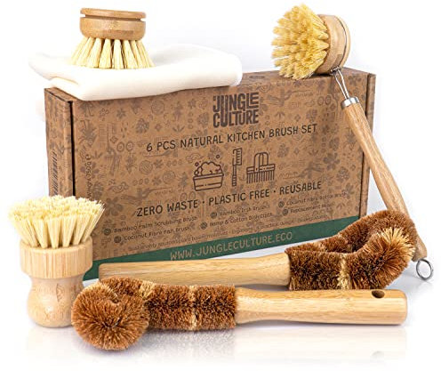 Spazzole Ecologiche per Piatti Jungle Culture® per la Pulizia dei Piatti • Set di 6 Pezzi per la Pulizia, Spazzole Cucina • Spazzola di Cocco per Pentole e Spugna Ecologica per Stoviglie