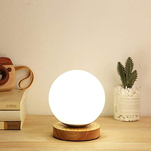 Moderna Minimalista Lampada da Tavolo Sferica, Lampada da Scrivania Paralume in Vetro e Base in Legno, Protezione per Gli Occhi Lampada da Comodino, E27 Luce notturna per Sala da Pranzo Cafe Bar (A)