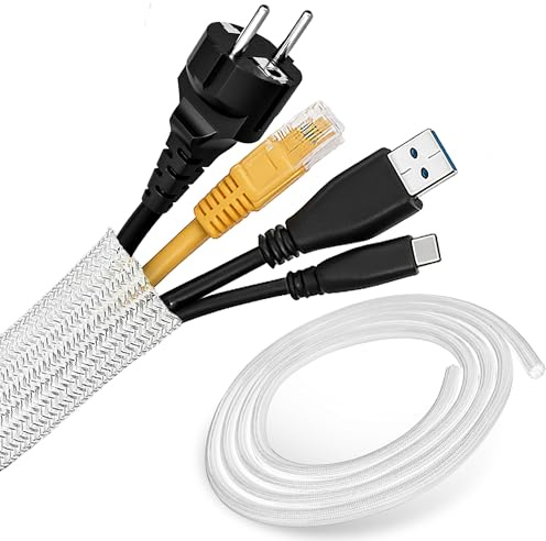 ECENCE 3m / 118inch Kabelslang 13-20mm Självstängande kabelslang, kabelkanalen kan skäras till storlek för PC, hemmabio, bil, kontor, vävt kabelhölje, Vit