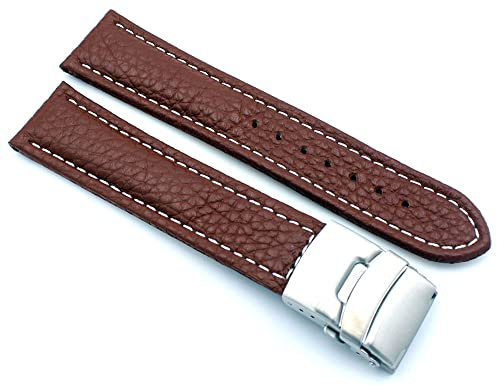 Sulla Cinturino per orologio in vera pelle con fibbia deployante in acciaio inox, cuciture bianche, marrone, 24mm, cinghia