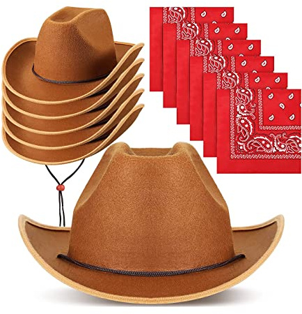 Unittype 12 Pcs Kids Cowboy Hat Set Western Cowgirl Hat and Polyester Bandanas for Boys Girls Cosplay Costume Party Favors(Brown, Red,Classic)