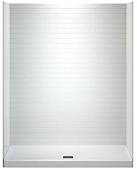 WOODBRIDGE 60 L x 36 W x 75 H Alcove Solid Surface Shower Combo Kits with Glue Up Shower Walls in Glossy White and Single Threshold Shower Base in White with Center Drain and Black Cover