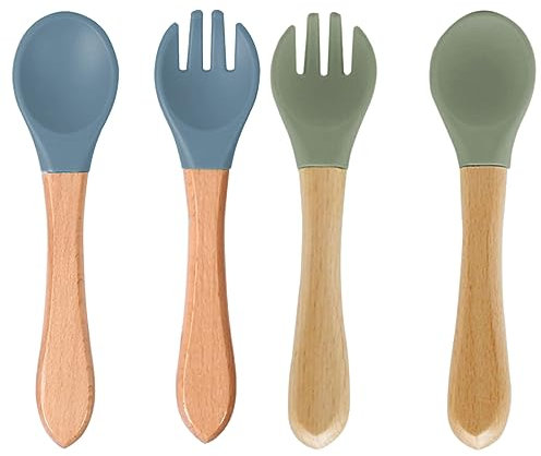 Tadipri Cucchiaio Forchetta Per Bambini, 4Pcs Cucchiaino Forchetta Svezzamento In Silicone, Cucchiai Per Alimentazione Per Neonati, Posate Cucchiaio Porridge Per Bebè, Ecologico E Senza Bpa