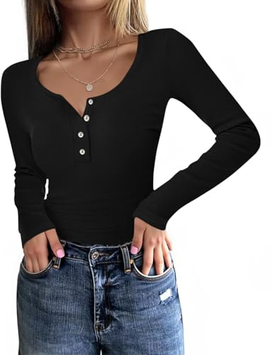 Fessceruna Maglia a Maniche Lunghe da Donna con Scollo Rotondo Slim Fit Maglia a Maniche Lunghe Basic Top a Costine con Bottoni, Nero, M