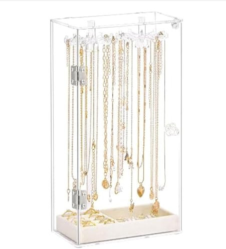 Povxlum Jewelry Holder Necklace Stand Acrylic Transparent Jewelry Storage Box Jewellery Organiser for Necklace Bracelet with 24 Rotatable Hooks Plush Tray