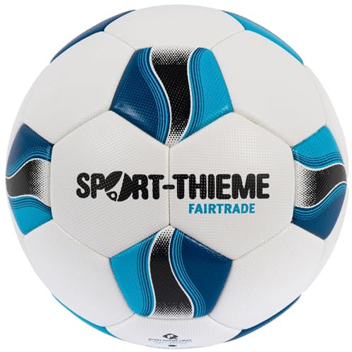 Sport-Thieme Fußball Fairtrade | Trainingsball | Thermobonding-Technologie, SR-Blase | Größe 5 | 420 g | PU Oberfläche | Weiß-Blau | 0,7-0,9 bar