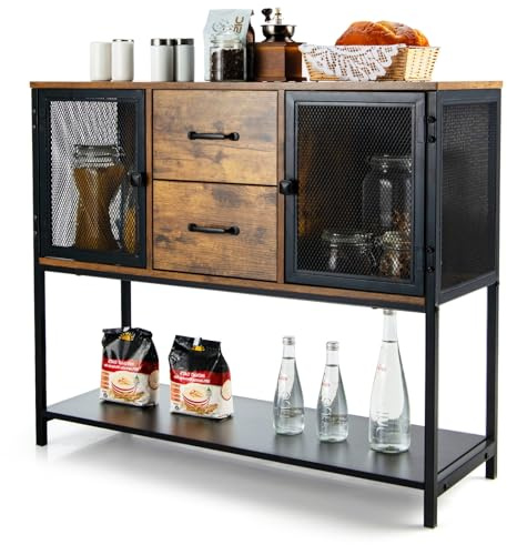 GYMAX Credenza Armadio, Tavolo Buffet Industriale con 2 Armadietti, 2 Cassetti e Scaffale Aperto, Mobile Consolle d’Accento Multiuso per Soggiorno, Sala da Pranzo, Cucina, Marrone Rustico