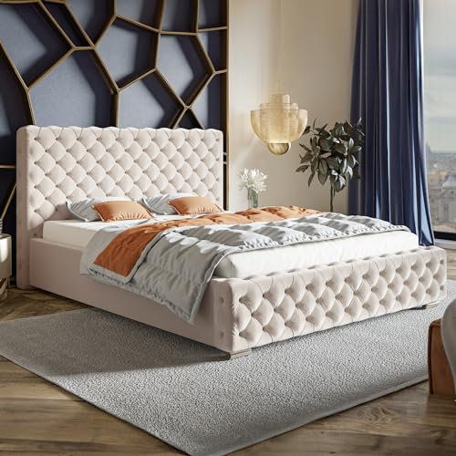 MOTIVENA Adelle Chesterfield Polsterbett 120x200 Mit Bettkasten, Stauraum, Lattenrost Und Kopfteil - Samt, Ohne Matratze, Beige Creme