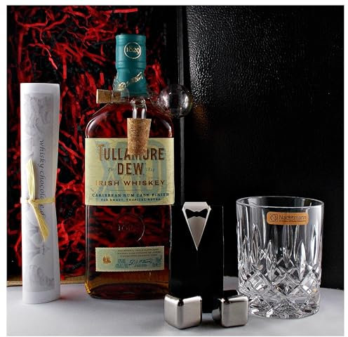 Geschenk Tullamore Dew Caribbean Cask irischer Whiskey + Glaskugelportionierer + Glas + 2 Whisky Kühlsteine