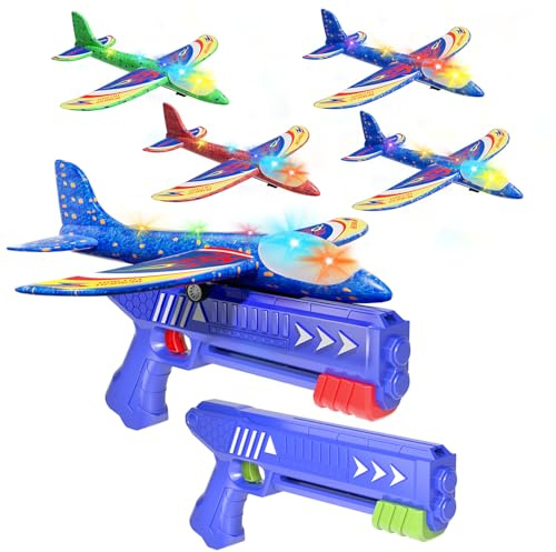 Doloowee Aeroplane Toys for 4 5 6 7 8 9 10 Years Old Boys, 4 Glider Planes with 2 Airplane Launchers, 2 Flight Mode, Kids Outdoor & Garden Toy, Birthday Gift for Children Aged 3-10