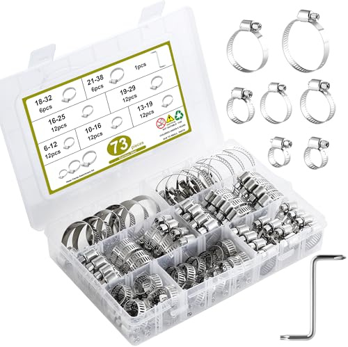 Goldeluxe 73 piezas abrazaderas metalicas ajustables 6-38mm, set multifuncional con 7 tamaños y destornillador, ideal como abrazaderas metalicas para tubos, coche, gas y uso doméstico.