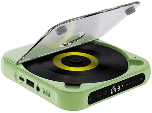 Bärbar CD-spelare med Bluetooth 5.3, laddningsbar personlig CD-spelare för hem, inbyggda HIFI-högtalare med dubbla hörlurar Jack 2000MAH Battery LCD-skärm, stöder CD/AUX/USB green