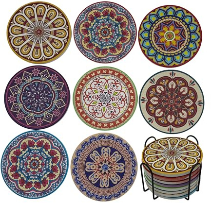 Mandala Ceramic 4 Inches Round Drink Coasters, Set of 8 with Black Holder. Absorbent with Cork Base. A Perfect Boho-Style Coaster for Home Table Decor & Housewarming Gift