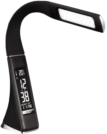 wonderlamp - Flexo escritorio LED con reloj, Pipo, Lámpara de escritorio Táctil, 5W con Intensidad Luz Regulable, Cuero Negro