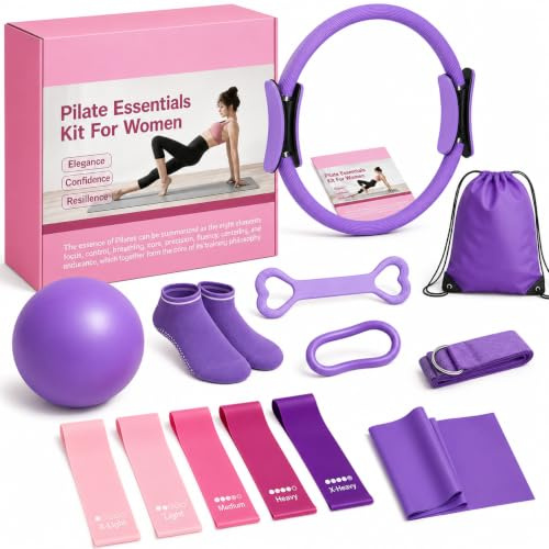 Purecas Home Pilates & Yoga Starter Kit for Women & Beginners | 9 Inch Exercise Ball, Resistance Bands, Pilates Ring, Ankle Straps | Essential Equipment Set for Core Workouts, Stretching