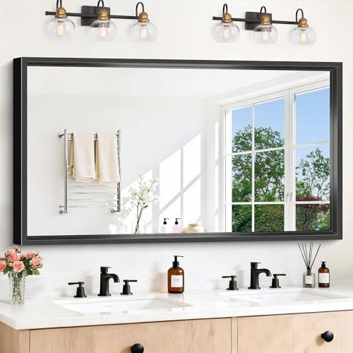 CIVENO Black Rectangle Mirror, 55 x 30 Inch Bathroom Mirrors for Over Sink, 0.6 Thickened Deep Frame Brushed Black Mirrors for Wall, Shatterproof Tempered Glass, Antirust, Horizontally or Vertically