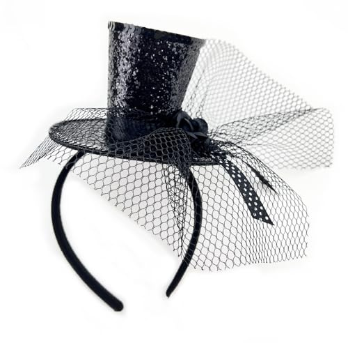 Myqiqi Black Mini Top Hat Headband with Veil - Glitter Fascinator for Halloween, Circus, Steampunk and Theme Party Costumes (Black)