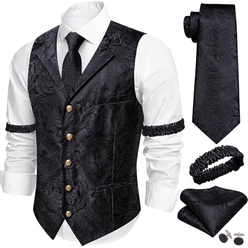 Barry.Wang Mens Paisley Waistcoat Lapel Collar Silk Suit Vest tie Sleeve Holder Set Casual Party Wedding Prom