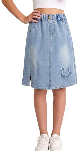 SEAUR Ados Fille Jupe en Denim Longueur Genou avec Poches Jeans Skirts Enfant Jupes d'été à Taille Haute A-Ligne Décontractée Bleu Étoile 12-13 Ans