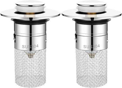 Brysalis Tappo Lavandino Bagno(2Pcs), Pop Up Universale Cucina per Lavabo a Scomparsa, con Filtro Rimovibile, Inossidabile Tappi Scarico, per Tappo di Scarico per Lavello da Appoggio