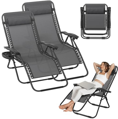 UISEBRT Set med 2 trädgårdsstolar hopfällbar med mugghållare och kuddar, solstol med justerbart ryggstöd för trädgård, balkong och strand, solstol, relaxstol, campingstol upp till 120 kg, grå-svart