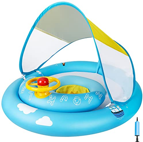 MYCARBON Salvagente Neonato 6 Mesi – 30 Mesi con Parasole Mutandina Regolabile Salvagente Bambini con Pompetta Galleggiante Ciambella per Mare Piscina(Blu)