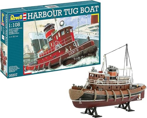Revell Modellbyggsats fartyg 1:108 – Harbour Tug Boat i skala 1:108, nivå 4, originaltrogen kopia med många detaljer, hamnsläp, 05207, olika