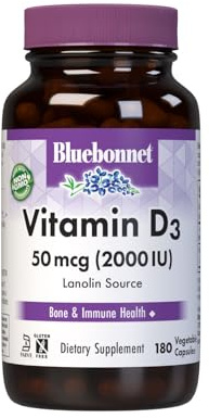 Bluebonnet Nutrition Vitamin D3 2000 IU Vegetable Capsule, Aid in Muscle and Skeletal Growth, Cholecalciferol from Lanolin, D3, Non GMO, Gluten Free, Soy Free, Milk Free, Kosher, 180 Vegetable Capsule