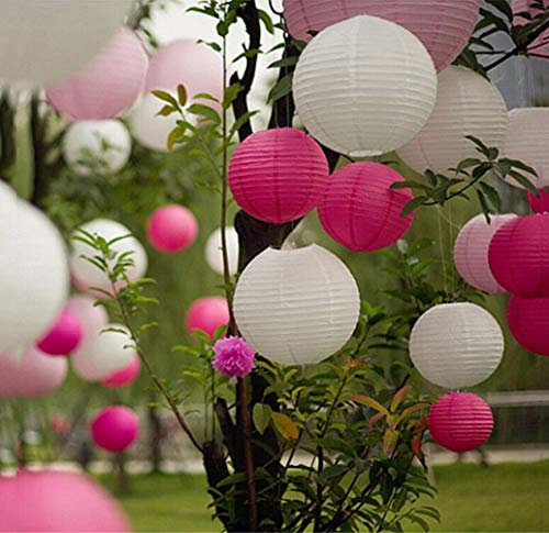 EQLEF Papier Lampion, 10 Stück Lampions Weiß 20cm Papier Lampions Hochzeit Deko Gartenparty Outdoor Party - Weiß und Rosarot