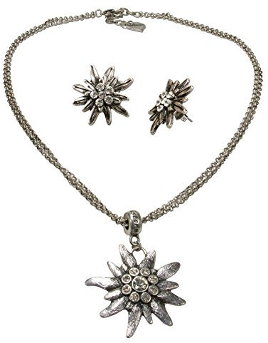 Alpenflüstern Trachtenschmuck-Set Trachtenkette und Ohrstecker Strass-Edelweiß - Damen-Trachten-Schmuck, Trachtenset Dirndl-Kette und Trachten-Ohrringe antik-Silber-Farben SET030