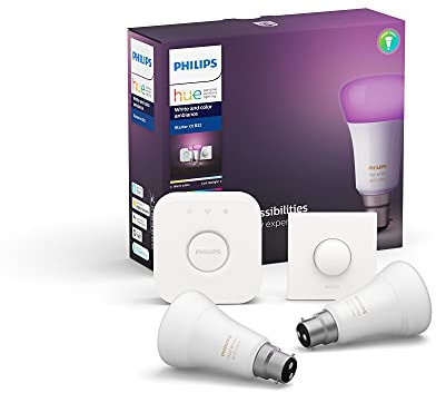 Philips Hue White and Colour Ambiance Starter Kit: Smart Bulb 2x Pack LED [B22 Bayonet Cap] Includes Hue Button + Bridge. Works with Alexa, Google Assistant and Apple HomeKit