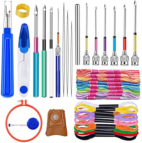 41 Stück Punch Nadel Set, Stickerei Punch Nadel Werkzeug Set mit 20 Stück Stickerei Faden, Nadel Einfädler, Große Naht Ripper, Schere, Thimble und Stickerei Reifen