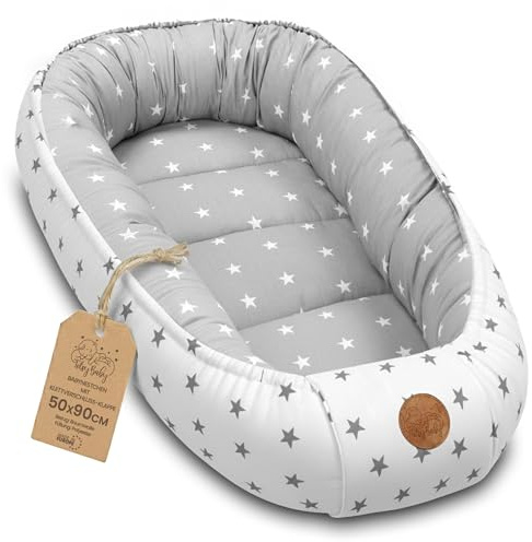 Babynest babynestchen neugeborene 90 x 50 cm baby nestchen tragbar nest für bett kinder kuschelnest coccon für Jungen und Mädchen Sternchen Grau-Weiß