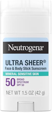 Neutrogena Ultra Sheer Dry Touch SPF 50 Mineral Sunscreen Stick for Sensitive Skin, Zinc Oxide, Body & Face Sunscreen with Vitamin E, No White Residue & Vegan, 1.5 oz
