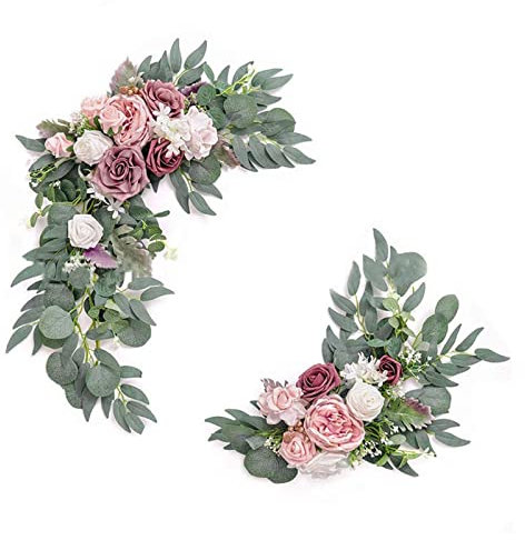 SLDHFE Künstliches Hochzeitsbogen-Blumen-Set, 2 Stück, künstliche Rosen-Blumen-Swag, dekorative Girlande mit Rosen-Pfingstrose, Eukalyptus-Blättern, künstliche Blumen-Girlande mit Bändern