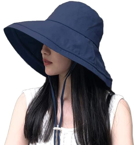 DRIONO Wide Brim Bucket Hat - UPF50+ Protection Travel Beach Sun Hat with Semi-Rigid Adjustable Foldable Brim (Navy)