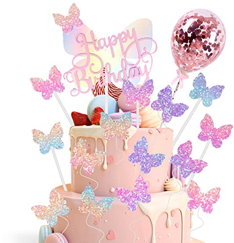 OSDUE 17 PCS Butterfly Cake Decorations, Butterfly Cake Topper Set with Sequin Balloons, Butterfly Cake Topper Decorations for Baby Shower Wedding Birthday Party Decor