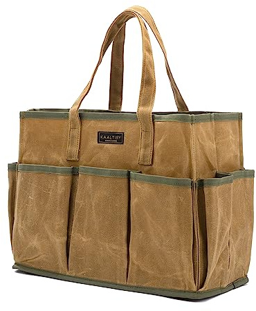 Werkzeug-Tasche | 16OZ Waxed Canvas Tool Tote Bag, 1 große Kapazität Tool Bag + 10 externe Steckplätze, Mehrzweck-wiederverwendbare Tool Carrier für Gartenarbeit Set Carpentry Tools - Khaki