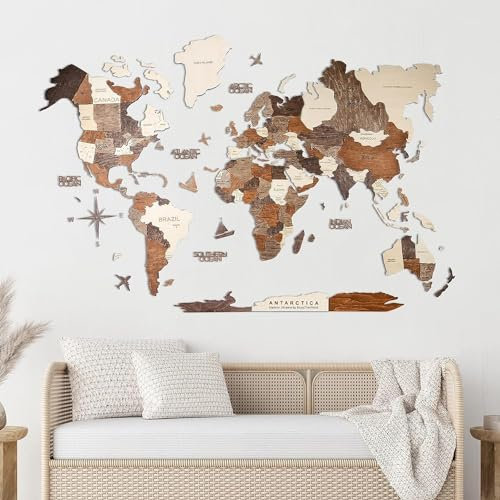 Enjoy The Wood Mapa Mundial de Madera 3D Arte de Pared Gran Decoración de Pared para Regalo de Inauguración de Casa Idea de Regalo de Inauguración de Casa (Multicolor, X-Large)