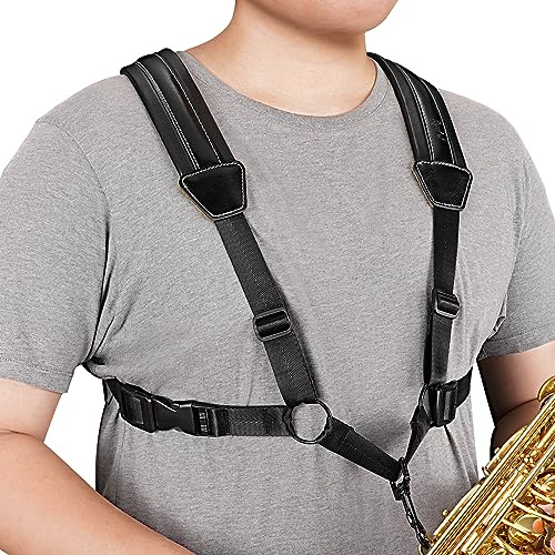 POGOLAB Tracolla Sassofono, Tracolla per Imbracatura per Sassofono, Saxholder in Morbida Pelle con Gancio in Metallo, Cinghie Regolabili per Fiati per Sax Supporti per Sax Alto Baritono Tenore