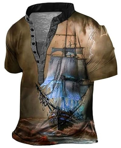 famesale T-Shirt Homme imprimé en 3D avec Un voilier Chemises Henley à col Montant et à Boutons avec Motif de Bateau Vintage Distressed Tops de Motard Biker Pullover
