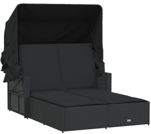 vidaXL Doppel Sonnenliege, Sonnenbett mit ausziehbarem Sonnendach, Doppelliege mit Verstellbarer Rückenlehne, Gartenmöbel Gartenliege, Schwarz Poly Rattan