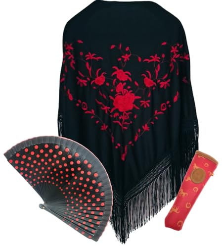 Planta Color Châle, éventail en bois et housse artisanale pour éventail fabriqué en Espagne, noir/rouge, L