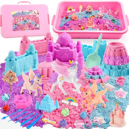 Geebiiny Magic Play Sand Set, Einhorn Geschenke & Spielzeug für Mädchen 3-10 Jahre alt - 3 Farben 900g Einhorn Spielsand - All in One Sand Spielset No Mess - Geschenke für Mädchen