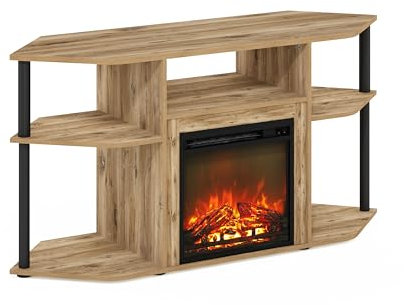 Furinno Jensen Open Storage Corner Fireplace TV Entertainment Center with Plastic Poles for TV up to 55 Inch, Flagstaff Oak/Black