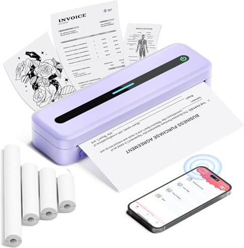 Thermodrucker A4 Unterwegs, Mobiler Drucker A4 mit Tragbarer Tasche, 300 DPI Reisedrucker, Portable Thermo Drucker Kompatibel mit Windows/macOS/iOS/Android (Lila, 1 Drucker + 4 Rollen Thermopapier)