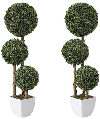 Set of 2 Artificial Boxwood Ball Topiary Trees with Sturdy Pot, Fake Plants Topiary Triple Ball Trees Faux Bushes/Shrubs for Outdoor/Indoor Front Porch Decor,3ft/90cm