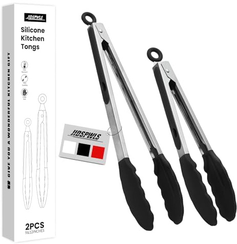 2 Pack Black Premium Stainless Steel Heat Resistant Kitchen Tongs for cooking,set of 9 and 12,Non Scratch Silicone cooking Tong Tip for Cooking Pans,Strong Grip BBQ tongs for Grabbing Hot Food