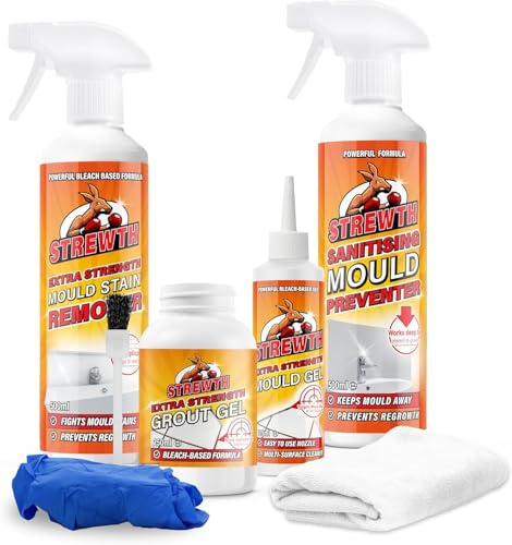 Strewth - Mould Remover and Prevention Kit | Long-term Solution To Mould, Dual-Action Remover/Preventer Sprays and Grout Gel (2 x 500ml, Cloth and Gloves)