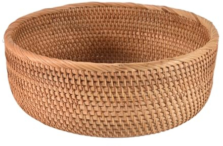 Reinscer Cesta redonda de ratán natural para frutas, mesa de mimbre, bandeja para porciones de pan, bandejas de almacenamiento de alimentos (grande, 1 unidad)